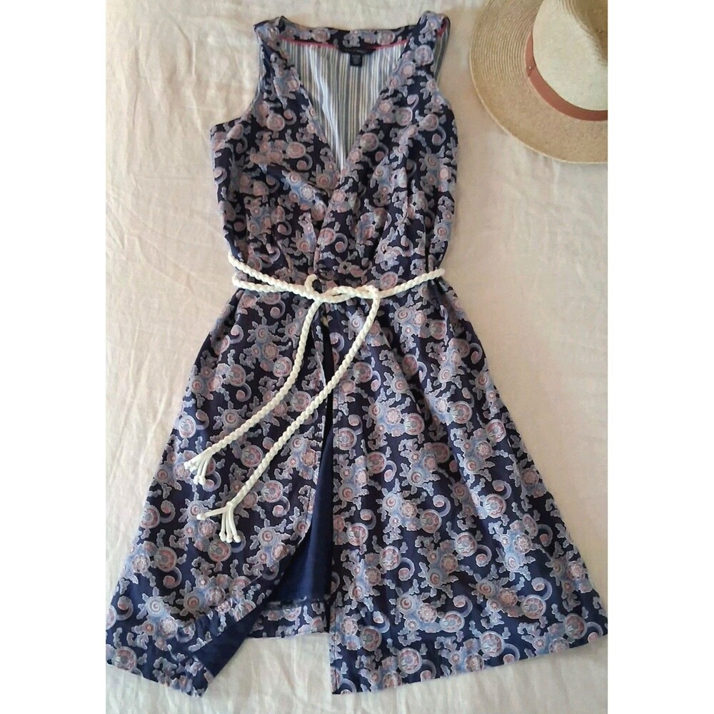 Tommy Hilfiger Navy Paisley Sleeveless Wrap Dress XS Rope Belt Summer 100 Cotton